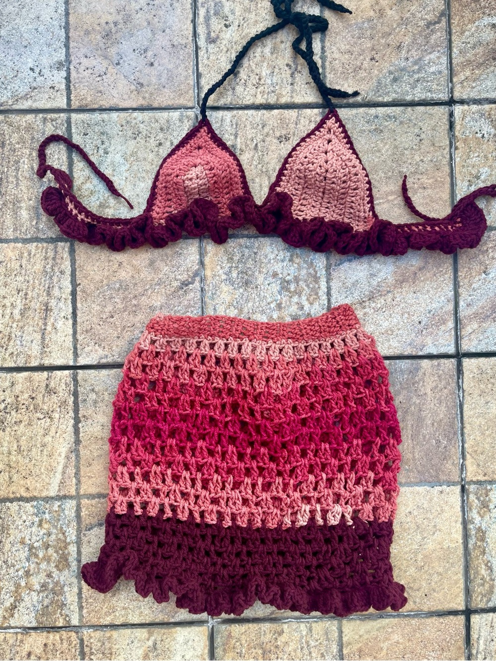 Handmade Crochet 2-Piece Set | Burgundy & Dusty Rose Ombré | Boho Beach Set